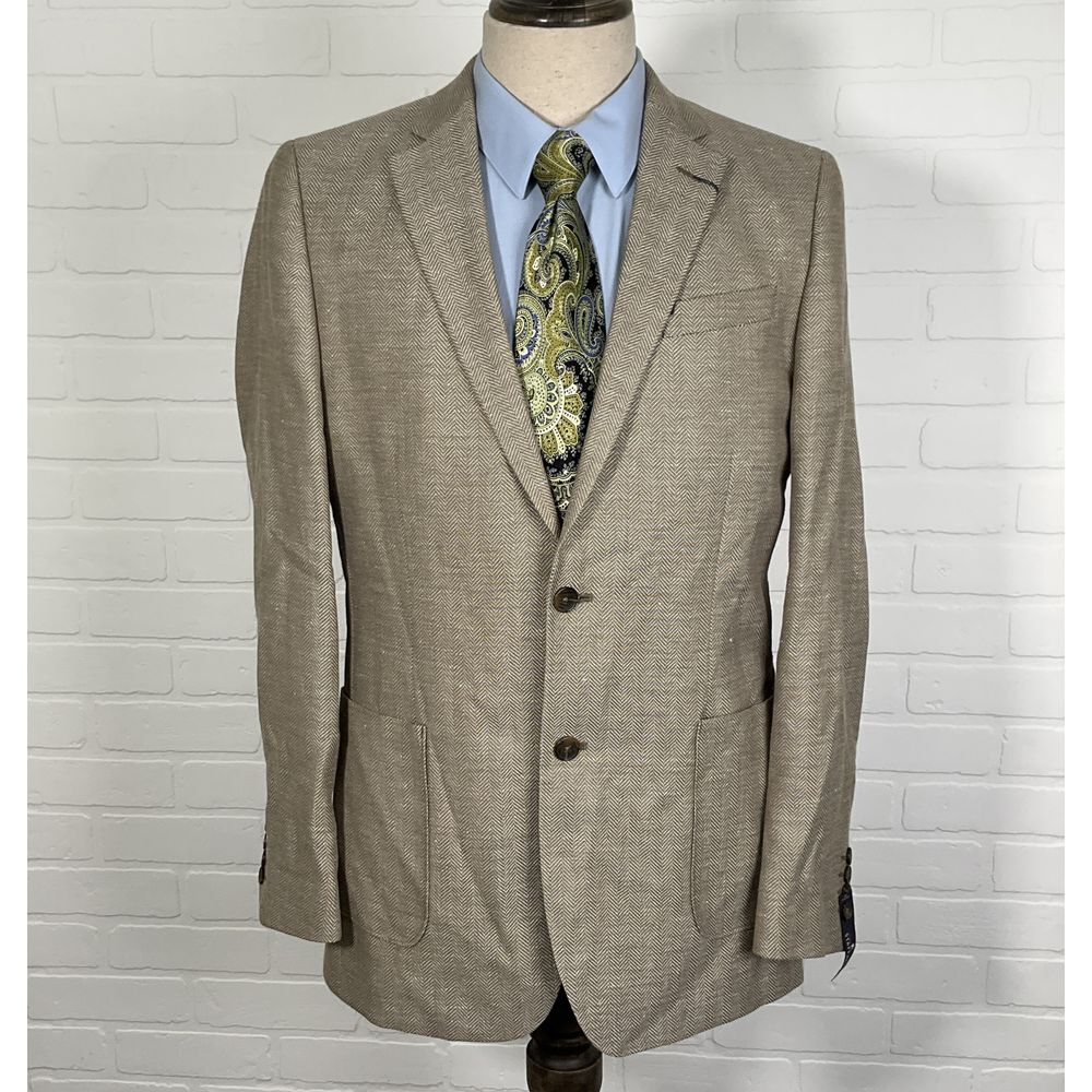 Stafford Blazer Men 40L Taupe Herringbone Slim Fit Linen Wool Classic Two Button
